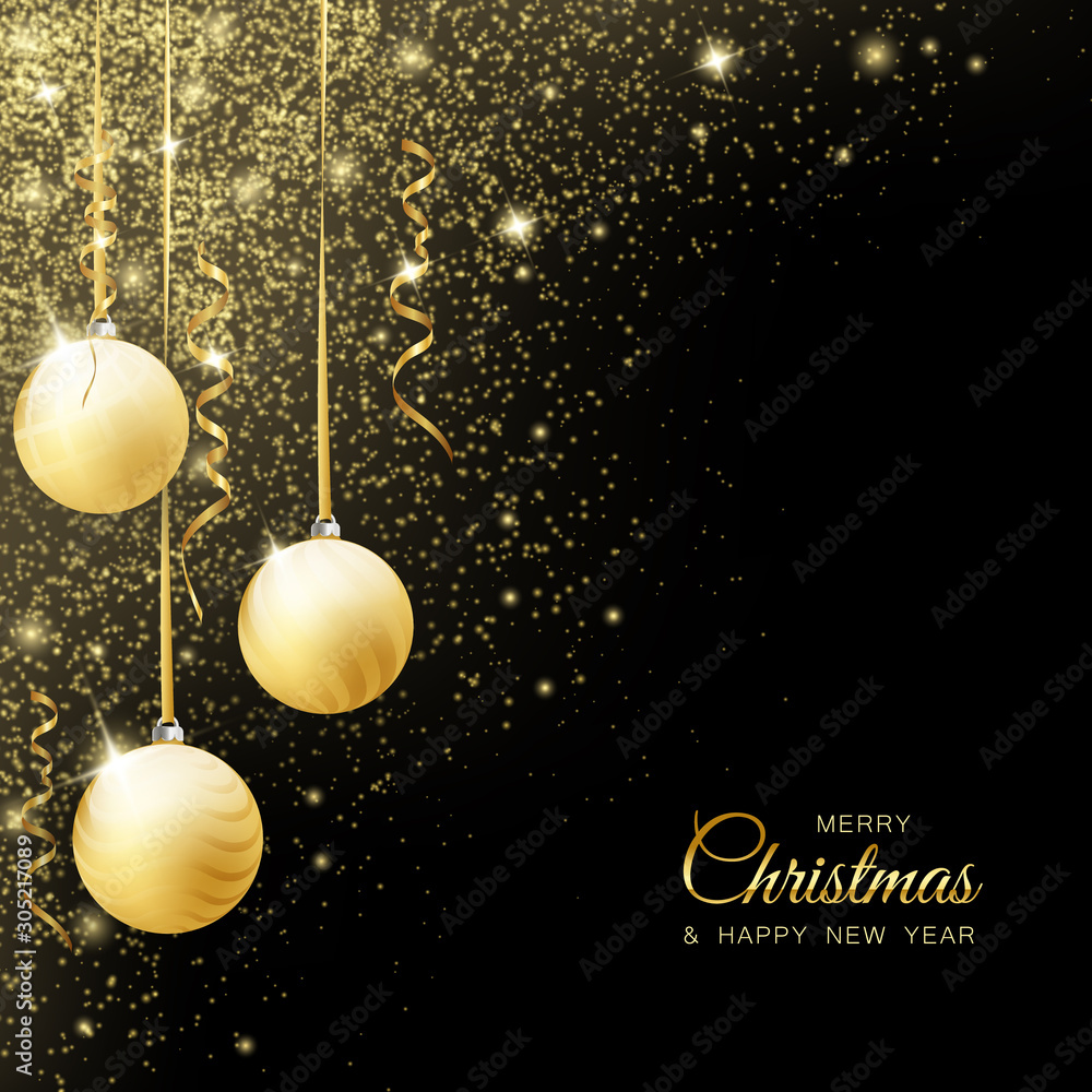 merry christmas background with gold ribbon and ball decor for greeting card. black background with dust glitter glowing particle merry christmas background with gold ribbon and ball decor for greeting card. black background with dust glitter glowing particle