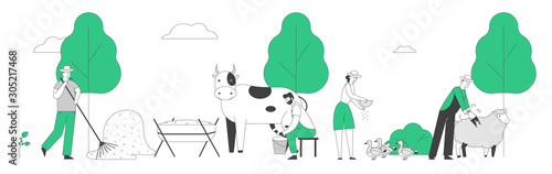 People Doing Farming Job Feeding Domestic Animals, Milking Cow, Shearing Sheep, Prepare Hay for Livestock. Male Female Farmer Characters Working with Cattle. Cartoon Flat Vector Illustration, Line Art