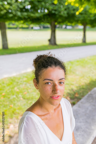 A woman looking at the camera