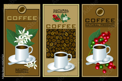 Trois flyer avec des images vectorielles, pour promouvoir les productions naturels de café.