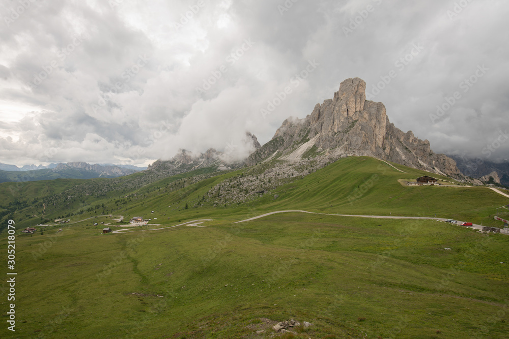 Aerial view of the natural landscapes in Passo Giau in Dolomites, Italy