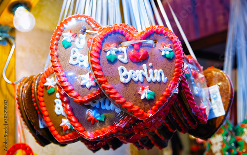 Photography Heart shape Gingerbread cookies food on Christmas market in Europe in winter