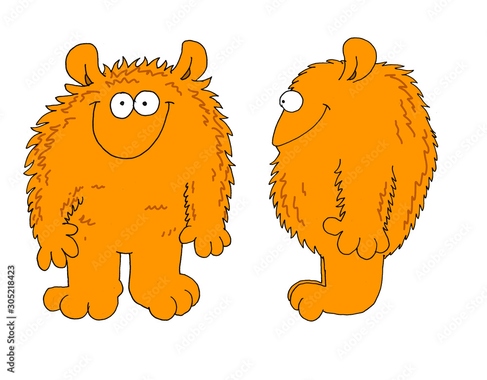 Fototapeta premium Funny front and profile illustration of a furry, fat and orange character