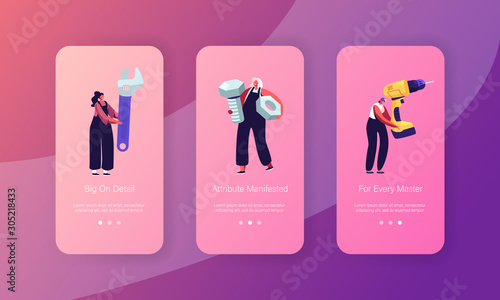 Call Master Girls Mobile App Page Onboard Screen Set. Women in Uniform Holding Huge Tools for Fixing Broken Technics or Repair Home Concept for Website or Web Page, Cartoon Flat Vector Illustration