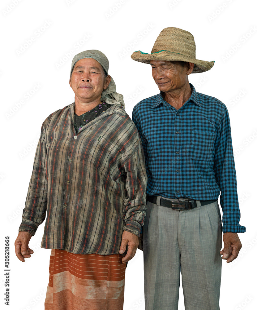 Asian old couple farmer Happy smile,on white background with clipping path Asian old couple farmer Happy smile,on white background with clipping path