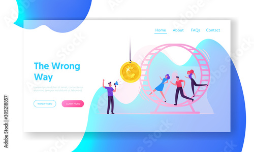 Rat Race Website Landing Page. Rat Race. Businesspeople Running in Hamster Wheel Trying to Reach Coin Hanging on Rope Man with Megaphone Manage Process Web Page Banner Cartoon Flat Vector Illustration