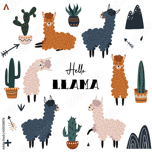 set of isolated llamas and cacti - vector illustration, eps