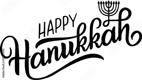 Happy Hanukkah holiday lettering with menorah, isolated on white. Hand drawn vector typographic design with modern calligraphy. Happy Hanukkah logotype, badge and icon typography. 