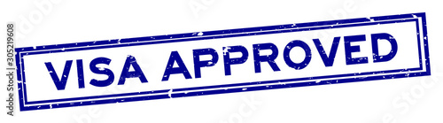 Grunge blue visa approved word rubber seal stamp on white background