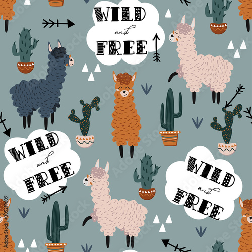 wild and free seamless pattern with llamas - vector illustration, eps