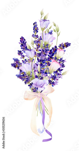 Cute bouquet of lavender and lisianthus with a bow and ribbons hand drawn in watercolor isolated on a white background. Floral watercolor illustration. Ideal for creating invitations  greeting cards. 