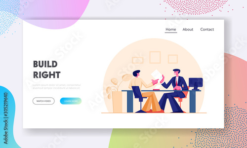 Man Customer Visiting Bank or Real Estate Agency for Taking Hypothec Mortgage Loan Website Landing Page. Manager Approved Credit Contract to Client Web Page Banner. Cartoon Flat Vector Illustration