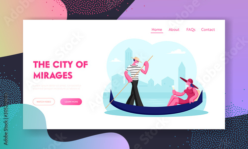 Female Tourist Having Tour to Italy Website Landing Page. Happy Woman Sit in Gondola with Champagne Glass Gondolier Floating Boat at Canal in Venice Web Page Banner. Cartoon Flat Vector Illustration