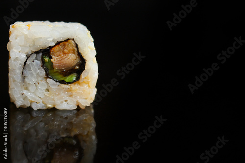 sushi rolls, traditional Japanese food (rice, nori and seafood) menu concept. food background. copy space. Top view