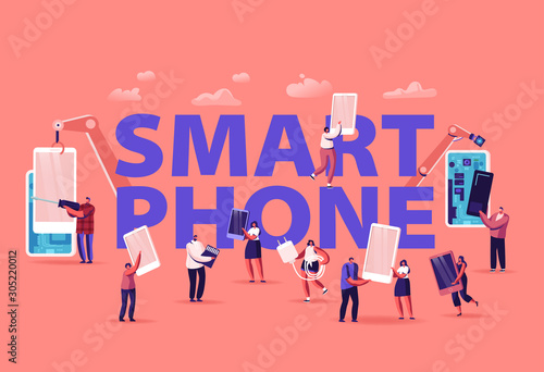People Assembling and Using Smartphones Concept. Crowd of Men and Women Holding Cellphones Texting Talking Listening Music. Mobile Phones Poster Banner Flyer Brochure. Cartoon Flat Vector Illustration