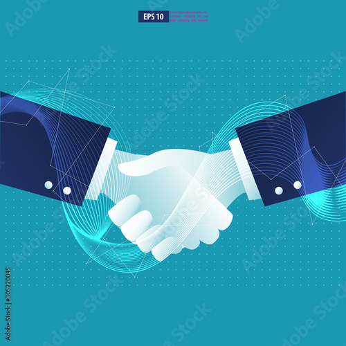 Business contract cooperation concept, two businessman shaking hands with futuristic wavy effect. Business vector illustration