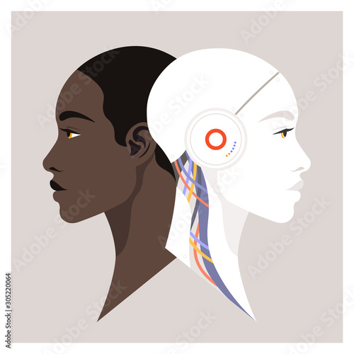 Artificial Intelligence and people. The head of the robot in profile and face of the African woman. Future technologies. Conflict or cooperation. Vector flat illustration photo