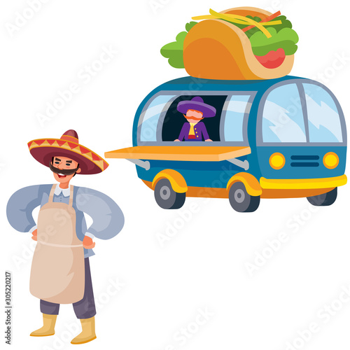 set of taco seller and fast food truck, isolated object on a white background,