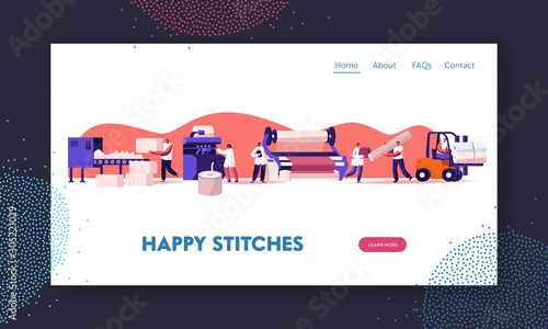 Modern Textile Factory Website Landing Page. Automated Machine for Yarn Producing. Manufacturing of Cotton Fibers Wrapping Machine, Forklift Shipping Web Page Banner. Cartoon Flat Vector Illustration