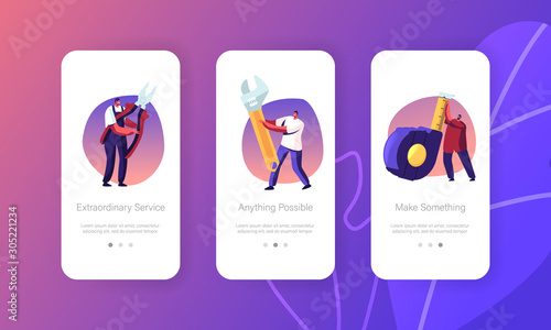 Diy Repair Mobile App Page Onboard Screen Set. Handymen with Scale Tape, Wrench and Pliers. Engineering Construction, House Renovation Concept for Website or Web Page, Cartoon Flat Vector Illustration