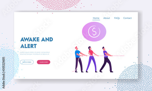 Opposition, Fighting in Office Website Landing Page. Colleagues Team Pulling Rope in Tug of War Competition for Finance Success and Leadership Position Web Page Banner Cartoon Flat Vector Illustration