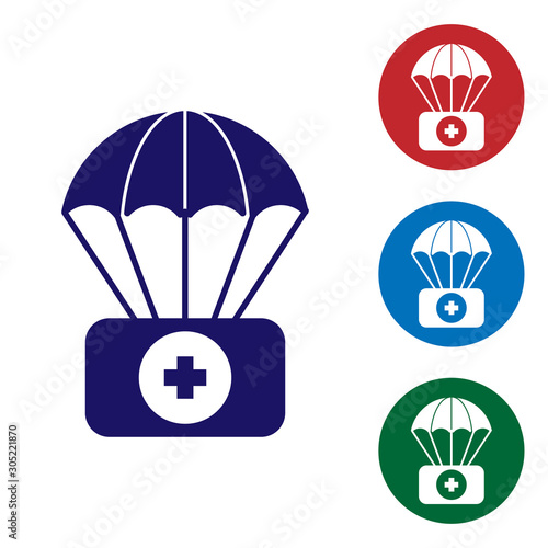 Blue Parachute with first aid kit icon isolated on white background. Medical insurance. Set color icons in circle buttons. Vector Illustration