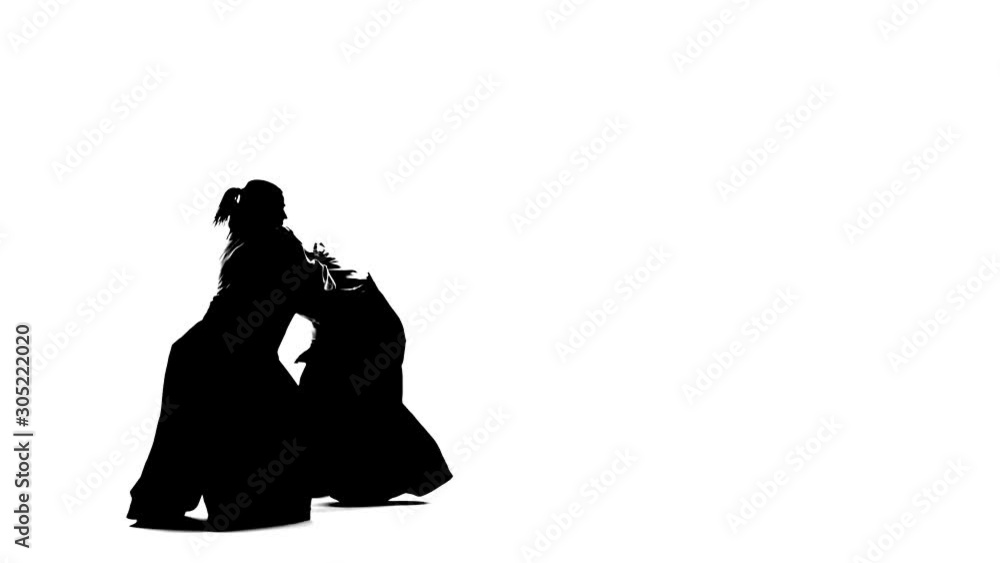 Silhouettes, athlete and woman practicing aikido. Isolated, white. Close up. Silhouettes, athlete and woman practicing aikido. Isolated, white. Close up.