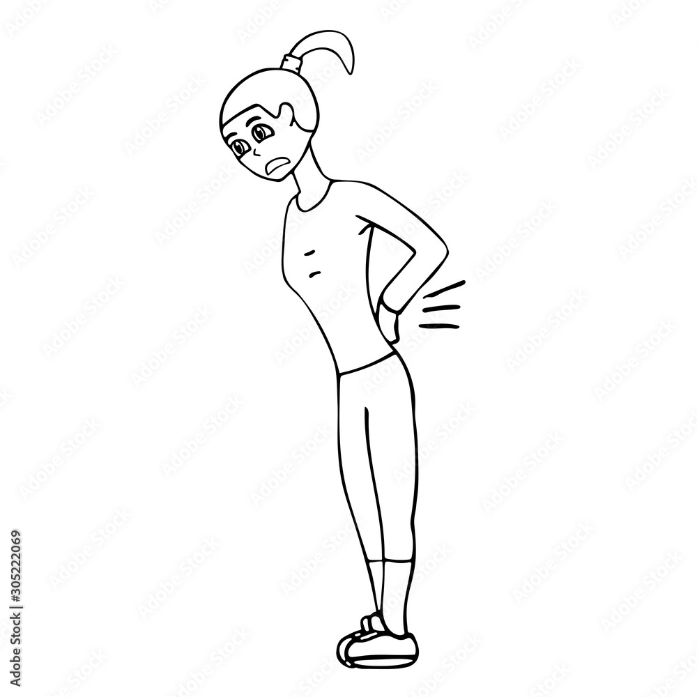 Cartoon young white woman with a sore back in a tracksuit. White background  isolated outline vector illustration Stock Vector by ©Shadowspawn 321485242