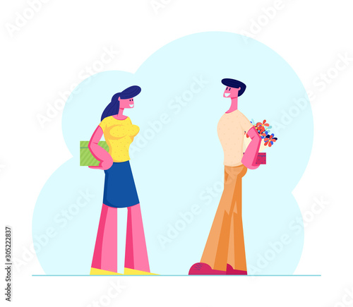 Happy Loving Couple Prepare Gifts to Each Other. Man and Woman Hide Presents behind Back for Merry Christmas, New Year Party , Anniversary or Valentine Day Celebration Cartoon Flat Vector Illustration