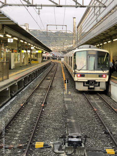 Japanese Suburban Railway. A train awaiting passengers at the Nara￼ station