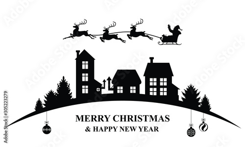 Vector illustration of Christmas banner with Santa Claus flying over the night village