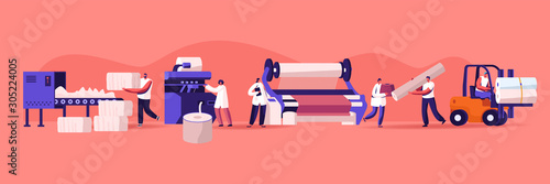 Modern Textile Factory. Automated Machine for Yarn Producing. Manufacturing of Cotton Fibers Wrapping Machine Screwed on Big Shaft. Forklift Shipping. Plant Equipment. Cartoon Flat Vector Illustration