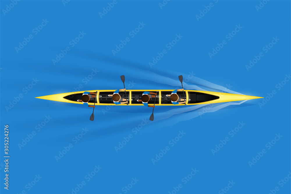 Sprint Four canoe and paddler on water surface. Top view of Equipment whitewater sprint canoeing in moving. Vector Illustration Sprint Four canoe and paddler on water surface. Top view of Equipment whitewater sprint canoeing in moving. Vector Illustration