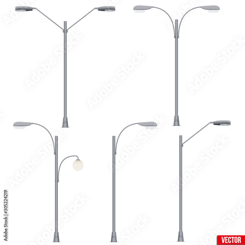 Set of Street Light Lamp post. Sample Urban Lamppost models. Used light bulbs and LEDs. Urban Equipment Lantern Element. Vector Illustration isolated on white background