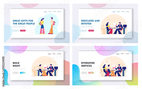 Couple Take Mortgage Loan, Giving Presents Each Other Website Landing Page Set. People Borrower Buy Home Property with Bank Credit. Holiday Surprise Web Page Banner. Cartoon Flat Vector Illustration