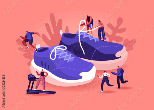 People Wearing Sneakers Concept. Sportsmen and Sportswomen Training in Gym and Outdoors in Sport Shoes. Tiny Male and Female Characters Walking around Huge Footwear. Cartoon Flat Vector Illustration