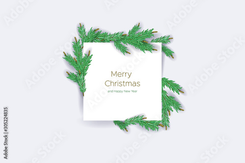 Detailed Coniferous christmas garland in Square Paper shape. Xmas border with green fir branches. Realistic wreath tree for New Year design. Vector Pine needles to create your holiday card.
