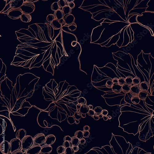 Vector Grape berry healthy food. Black and white engraved ink art. Seamless background pattern.