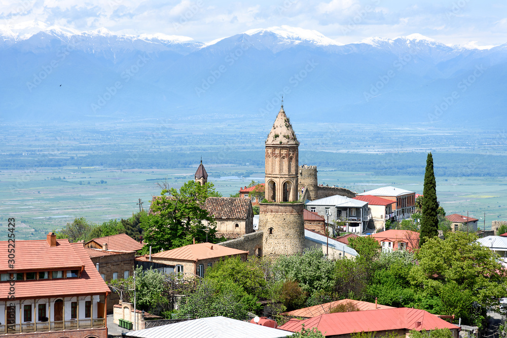 Top view of Sighnaghi - small town in Georgia, city of love. Alazani Valley backdrop of Caucasus Mountains