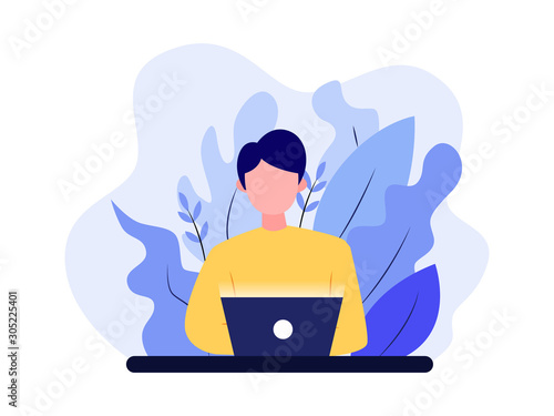 Young business man working with his laptop in the office or home. Freelance job. Flat style vector illustration. Can be use for website banner, infographic, slide presentation, etc.