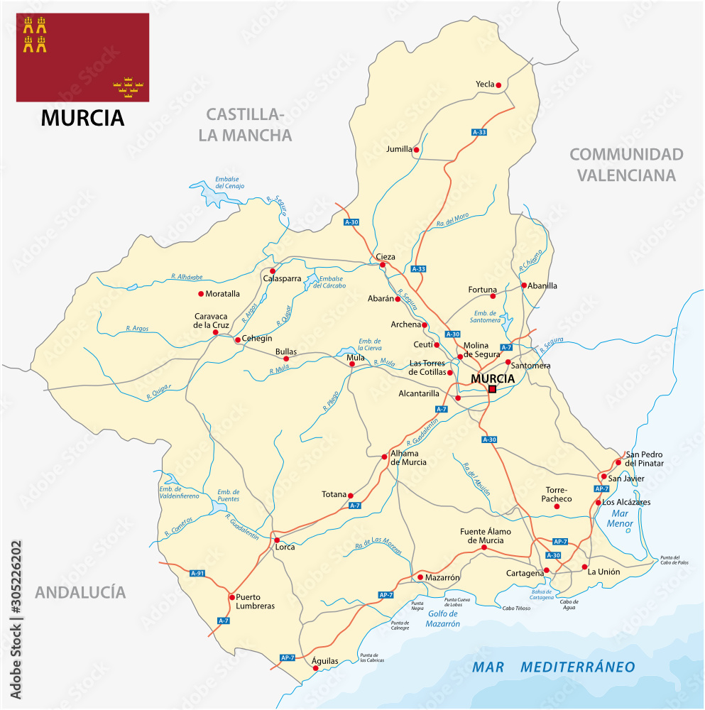 Road map of the Spanish region Murcia with flag