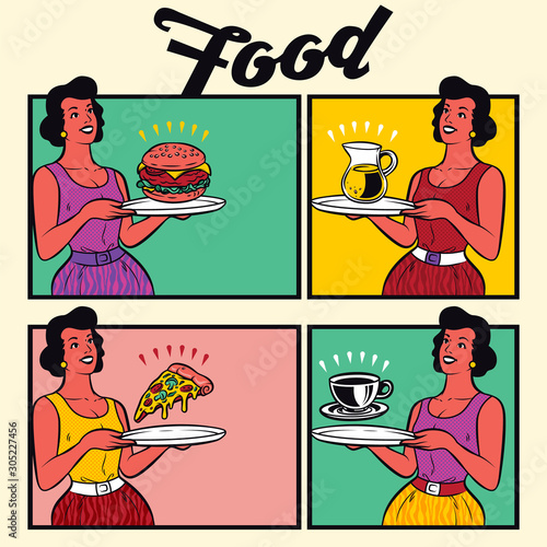 Retro young woman waitress in a restaurant. Pop art retro vector illustration
