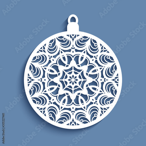 Christmas ornament, cutout paper bauble with swirly pattern, crochet lace round decoration, template for laser cutting or wood carving
