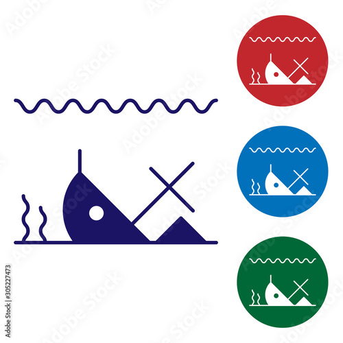 Blue Sunken ship at the bottom of the sea icon isolated on white background. Set color icons in circle buttons. Vector Illustration