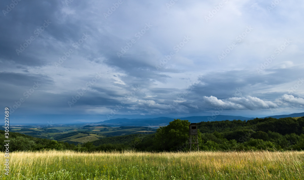 A meadow on a stormy day with dramatic cloudy sky