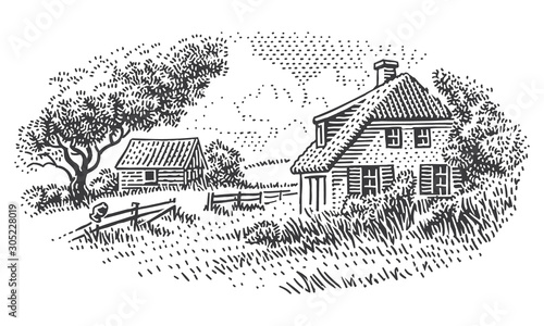 House in countryside engraving style illustration. Vintage style. Vector. Sky in separate layer. 