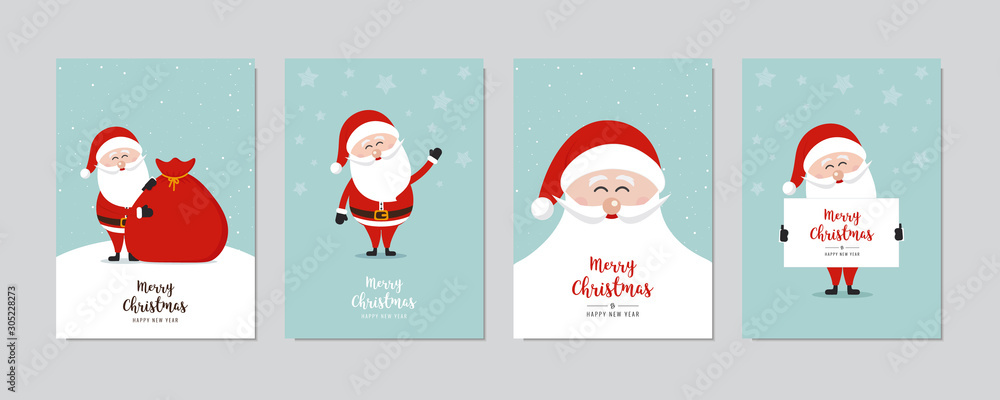 Fototapeta Cute santa claus card set. Merry christmas and Happy New Year greeting winter snowy background lettering vector. Christmas card set.