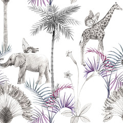 Sierkussen Tropische print patronen Trendy safari olifanten giraffen patroon  © Zenina-Lembrik