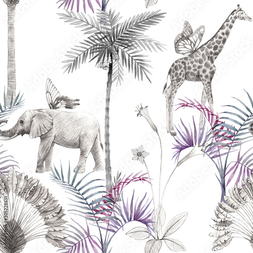 Beautiful vector african safari animal tropical seamless pattern. Trendy style. Print with elephants and giraffe.