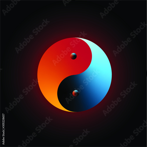 Yin-Yang dark orange and blue colours with dark red aura in black background,  Vector illustration, Yin and Yang symbol of harmony and balance